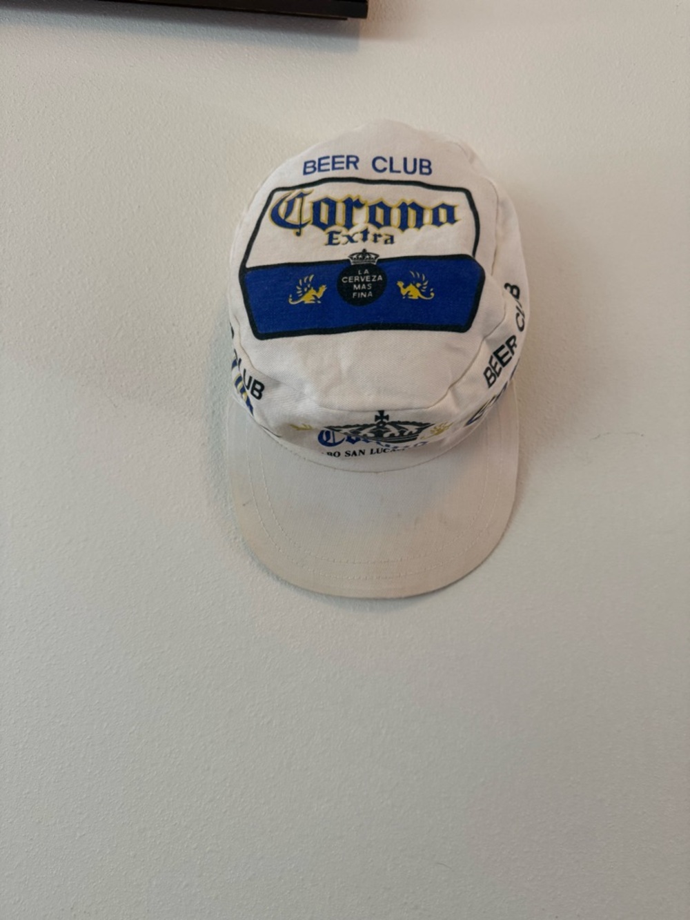 Vintage rare Corona White Cap with Blue Script and Gold Crest